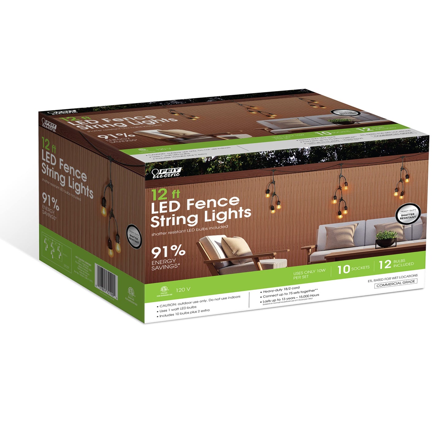 Feit Electric 12ft LED Outdoor Fence String Lights, 10 Sockets, 12pc. S14 LED Bulbs Included, E26 Base, 10 Watts, 2200K, Amber, SLM12-10/FIL