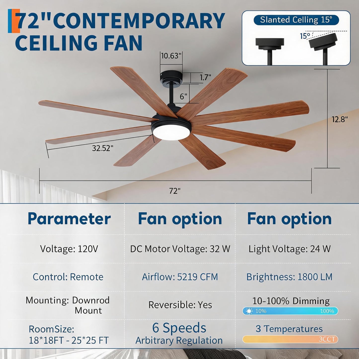 JustSmart 72 Inch Ceiling Fan with Lights & Remote
