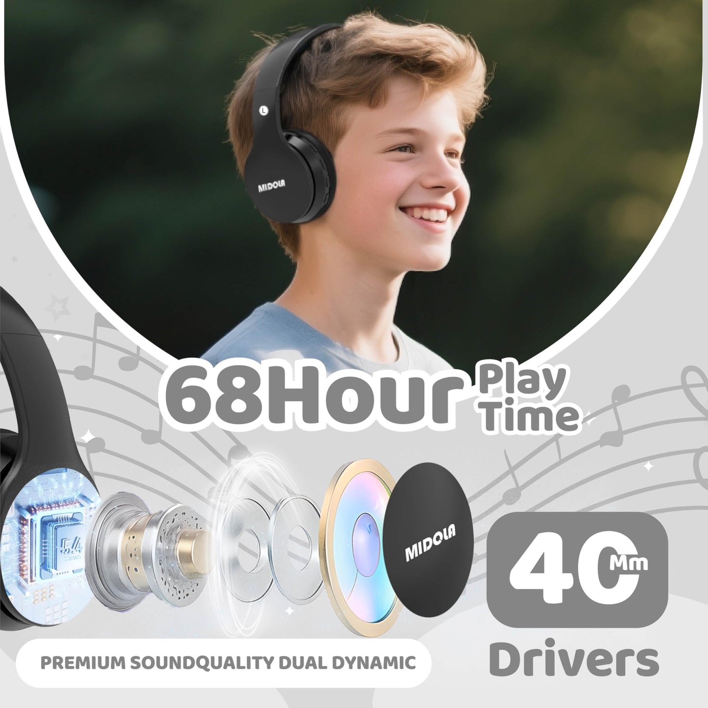 MIDOLA Kids Headphones Bluetooth 5.4 Wireless 68H Play Time Volume Limit 85/94dB Over-Ear Foldable Headset,Type-C Fast Charging,with Wired Aux Mic…