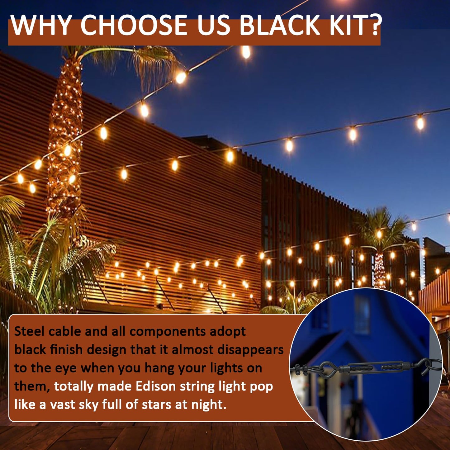 hannger String Light Hanging Kit Outdoor, Full Black Globe String Lights Suspension Kit w/ 50FT PVC Coated Steel Cable & Enough Accessories, Guide