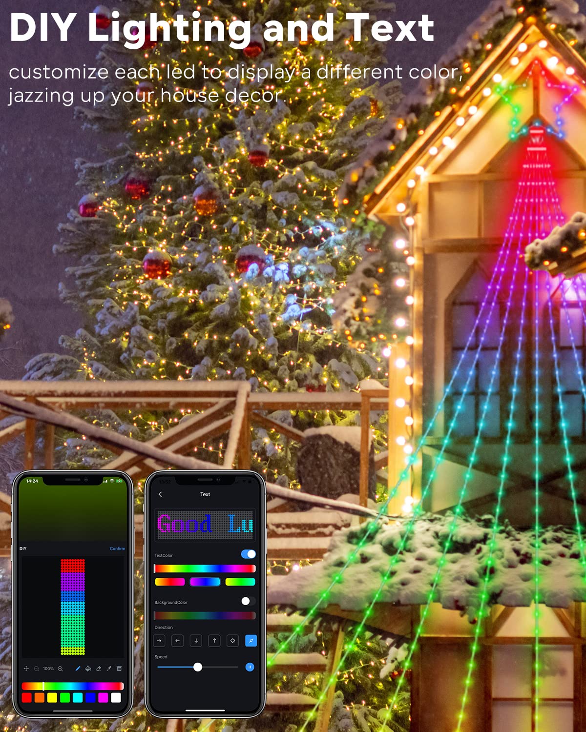 Outdoor Christmas Decorations Lights with Star, Smart DIY Custom Display 11.8Ft 100 Modes Yard Waterfall Tree String Lights, App Control 344LED RGB