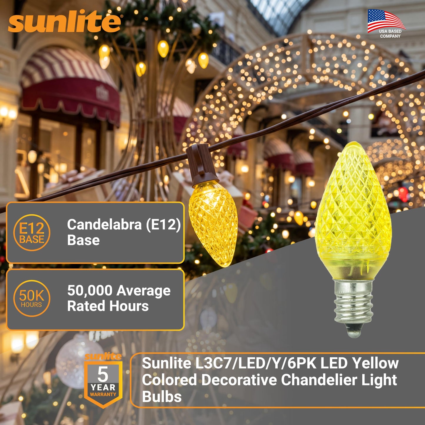 Sunlite 40462 LED C7 Holiday Decorative Light Bulb, 0.4 Watts, E12 Candelabra Base, Faceted Christmas-Lights; Nightlight, Yellow