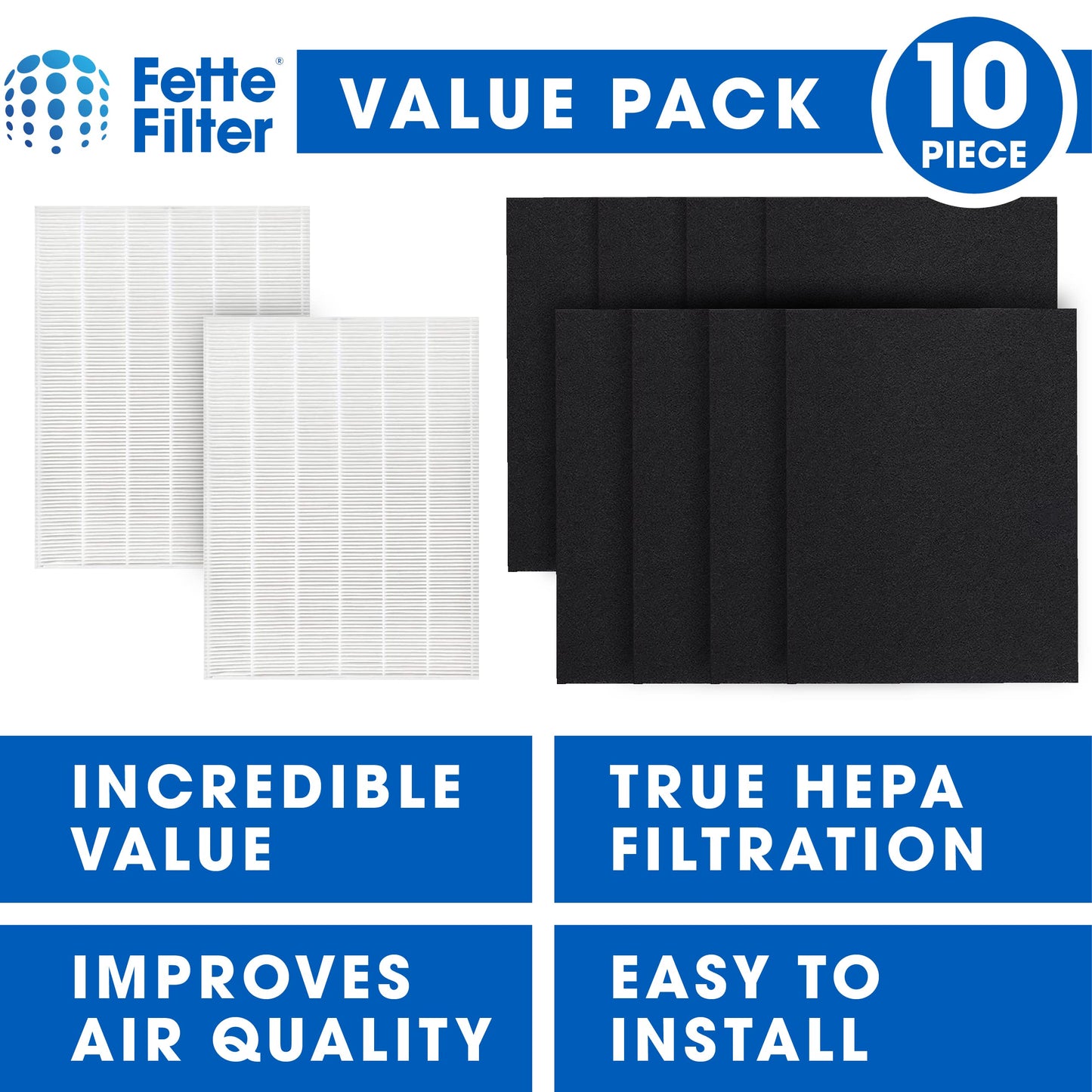 Fette Filter - 2+8 Set D360 Premium Replacement Filter D3 Compatible with Winix D360 Air Purifier Part Number 1712-0101-02, 1712010102 Qty 2 and 8