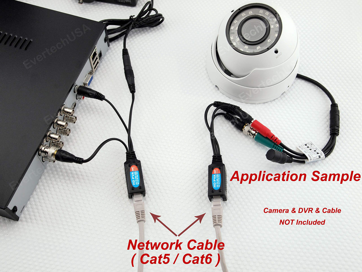 Evertech HD-CVI/TVI/AHD Passive Video Balun with Power Connector and RJ45 CAT5 Data Transmitter BNC Twisted Pair (4 Pairs 8 pcs Megapixel)