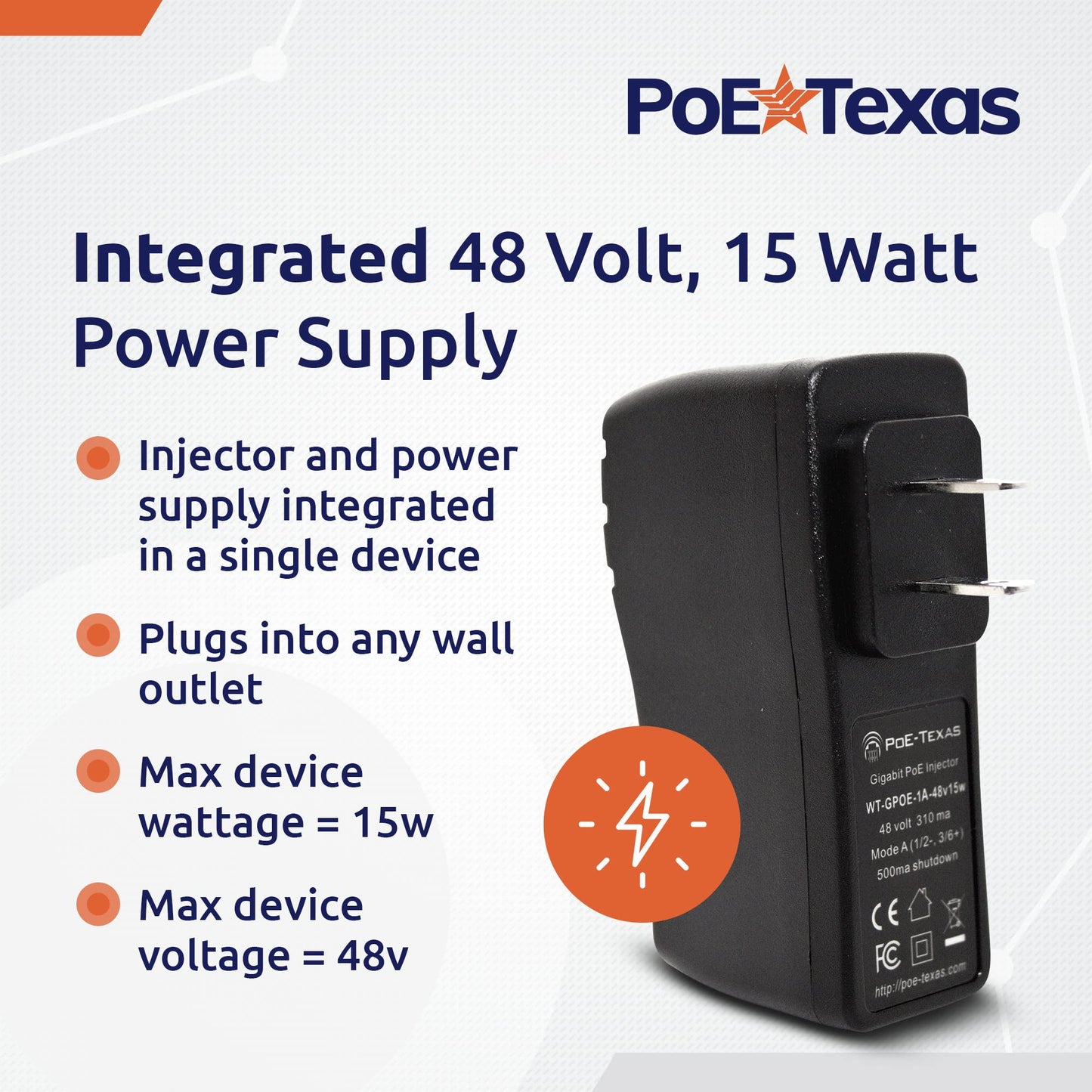 Poe Texas PoE Injector - Single Port Power Over Ethernet Passive PoE Adapter - UL Rated with Integrated 48V 15W Power Supply - 10/100/1000 Gigabit