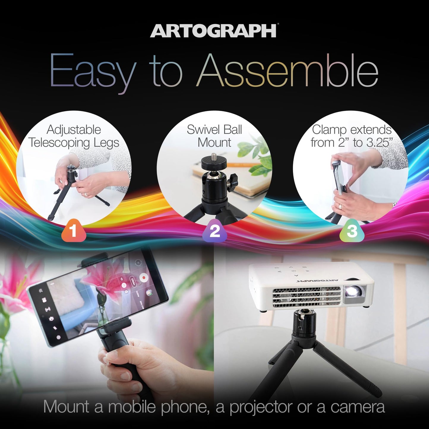 Artograph Mini Tripod Tabletop & Handheld Stand for Digital Projectors & Phones, Lightweight, Portable and Convenient Accessory for Home Photography