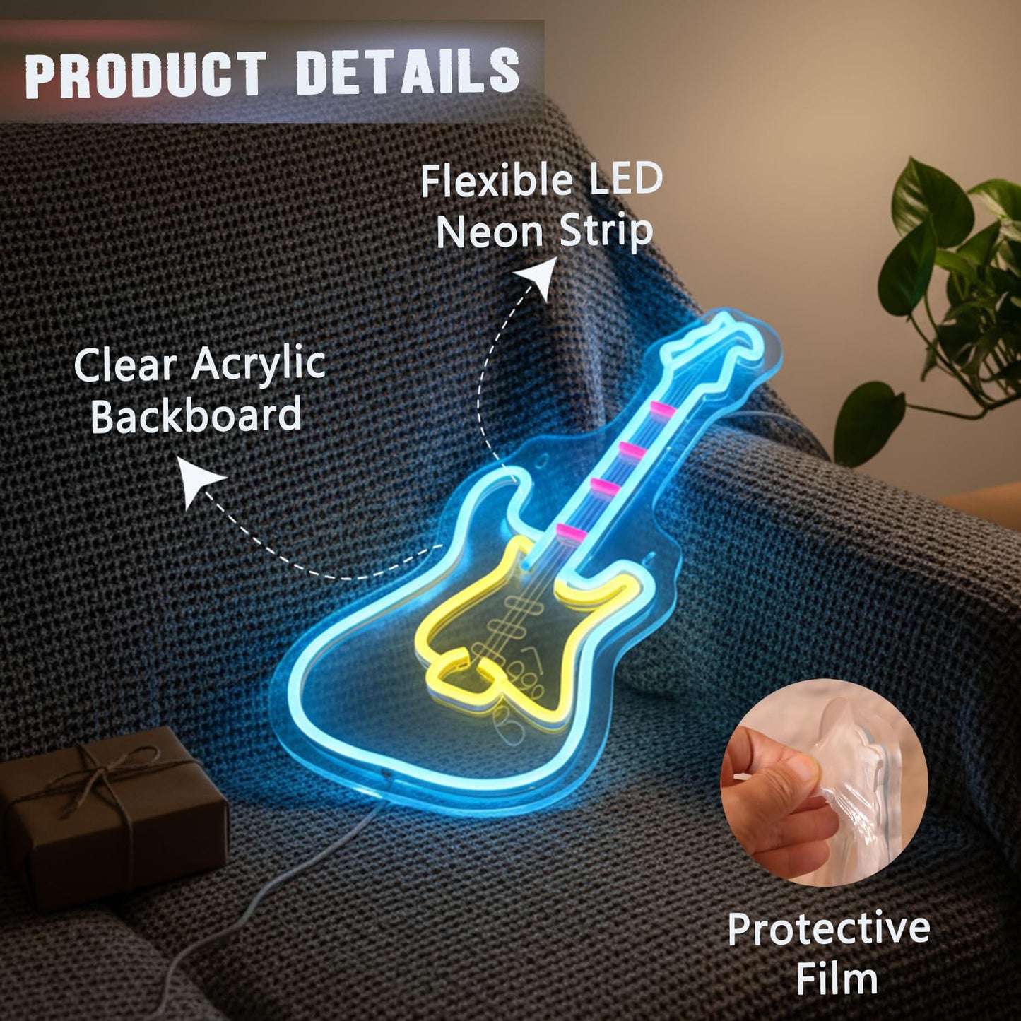 Electic Guitar Neon Light, Guitar Neon Sign, LED Wall Decor with USB Powered (6.5ft cable), Dimmable Light Guitar Gifts Aesthetic Decor for Man Cave