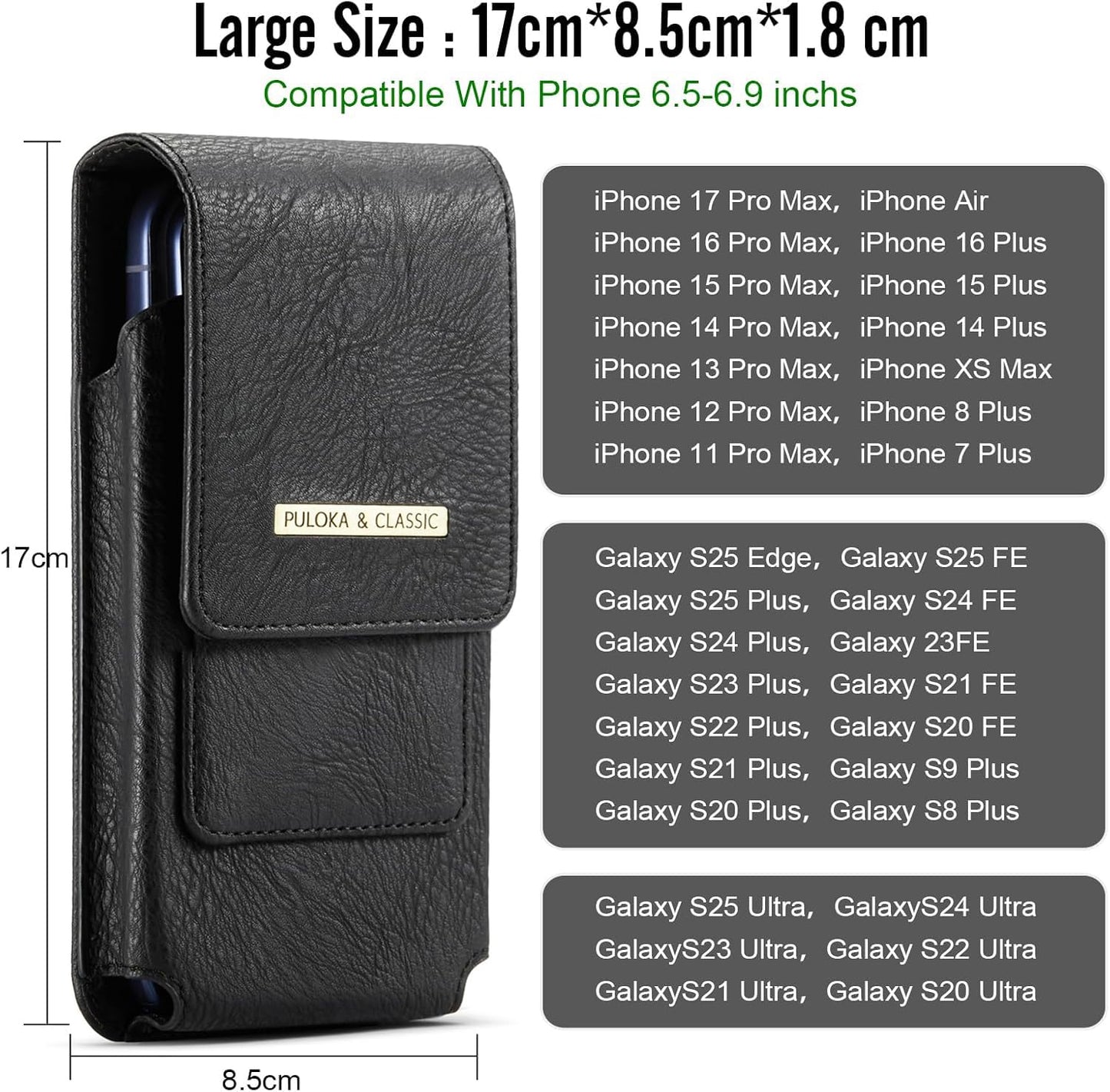 Phone Holster with Belt Clip for iPhone 17/16/15/14/13/12 Pro Max & Plus, Galaxy S25/S24/S23/S22 Ultra & Plus, Premium Leather Pouch with Card Holder