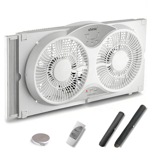 shinic 9" Twin Window Fan with Remote, Reversible Airflow, Fits 24"-37"