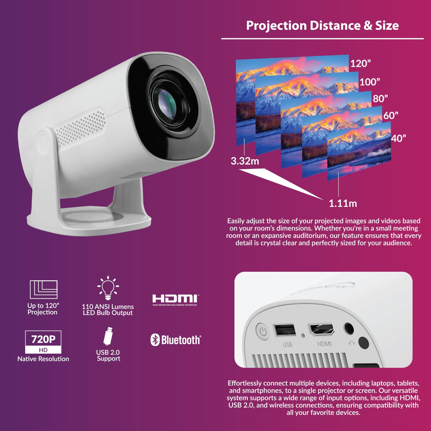 Supersonic SC-92P Smart HD Wi-Fi Projector with Bluetooth, 720p Native, 1080p Support, 1760 Lumens, 180° Rotatable, 6 Galaxy Lighting Effects, HDMI