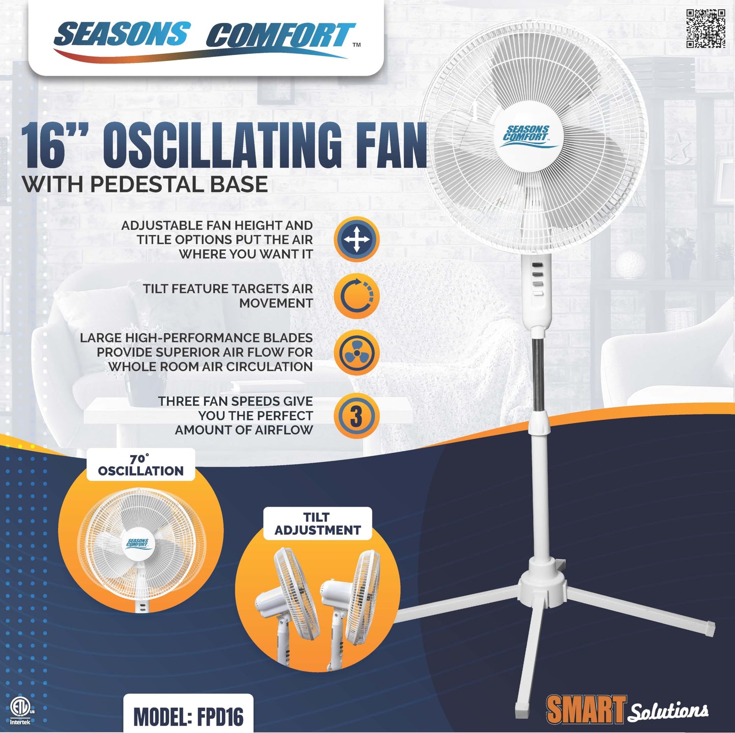 Seasons Comfort 16 Inch Oscillating Pedestal Fan, White, 3 Speeds, Adjustable Height, Push Buttons, Quiet - Electric Cooling Fan for Home, Office