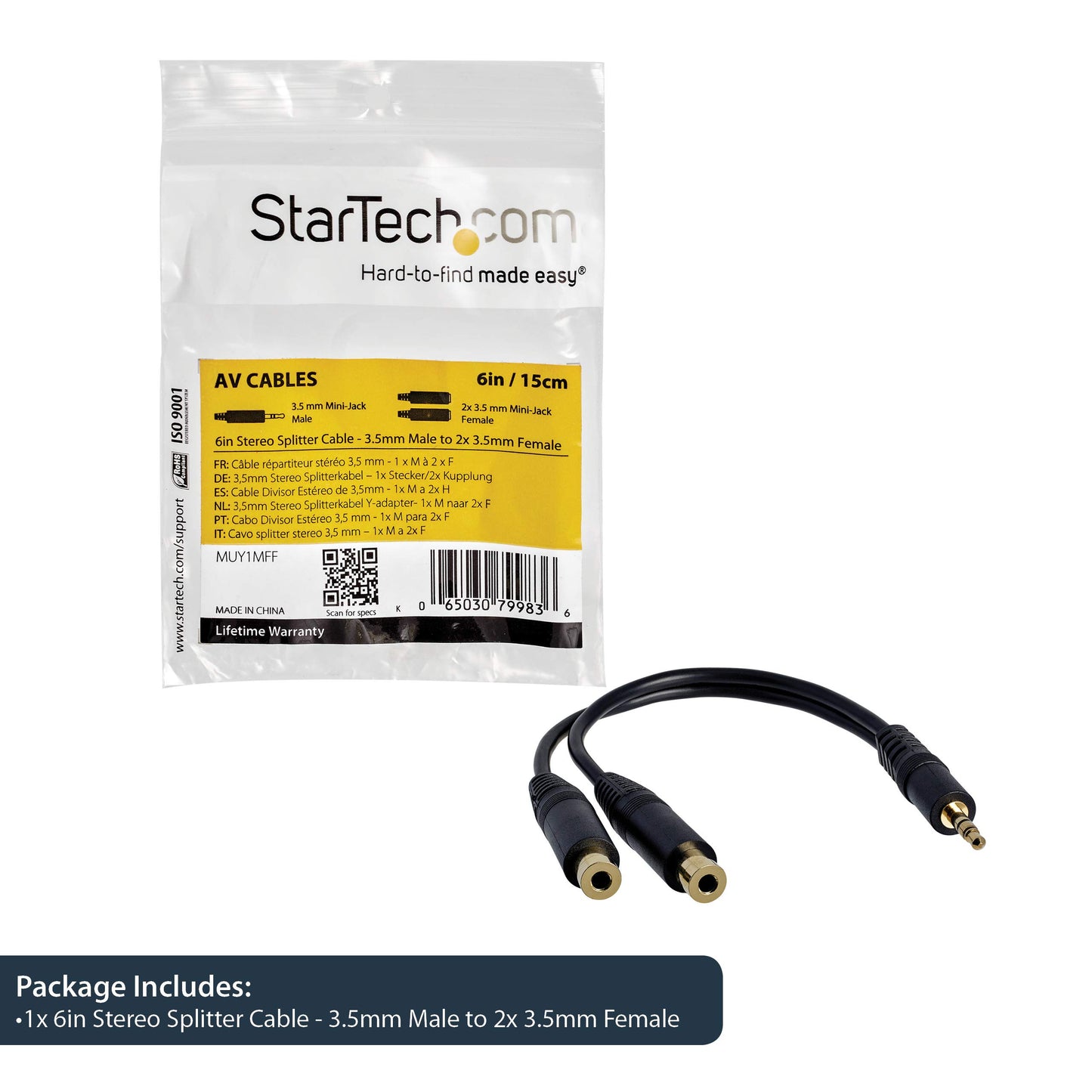 StarTech.com 6 in. 3.5mm Audio Splitter Cable - Stereo Splitter Cable - Gold Terminals - 3.5mm Male to 2x 3.5mm Female - Headphone Splitter