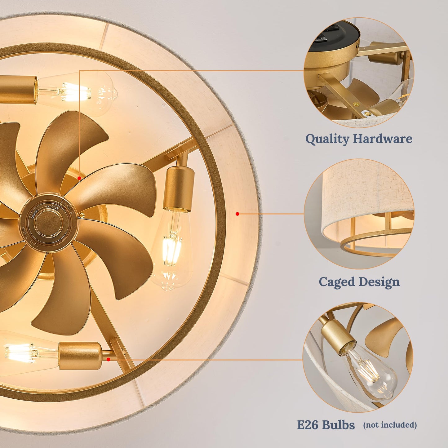OPKMB 20" Golden Boho Caged Linen Low Profile Ceiling Fan with Remote, 6 Speeds
