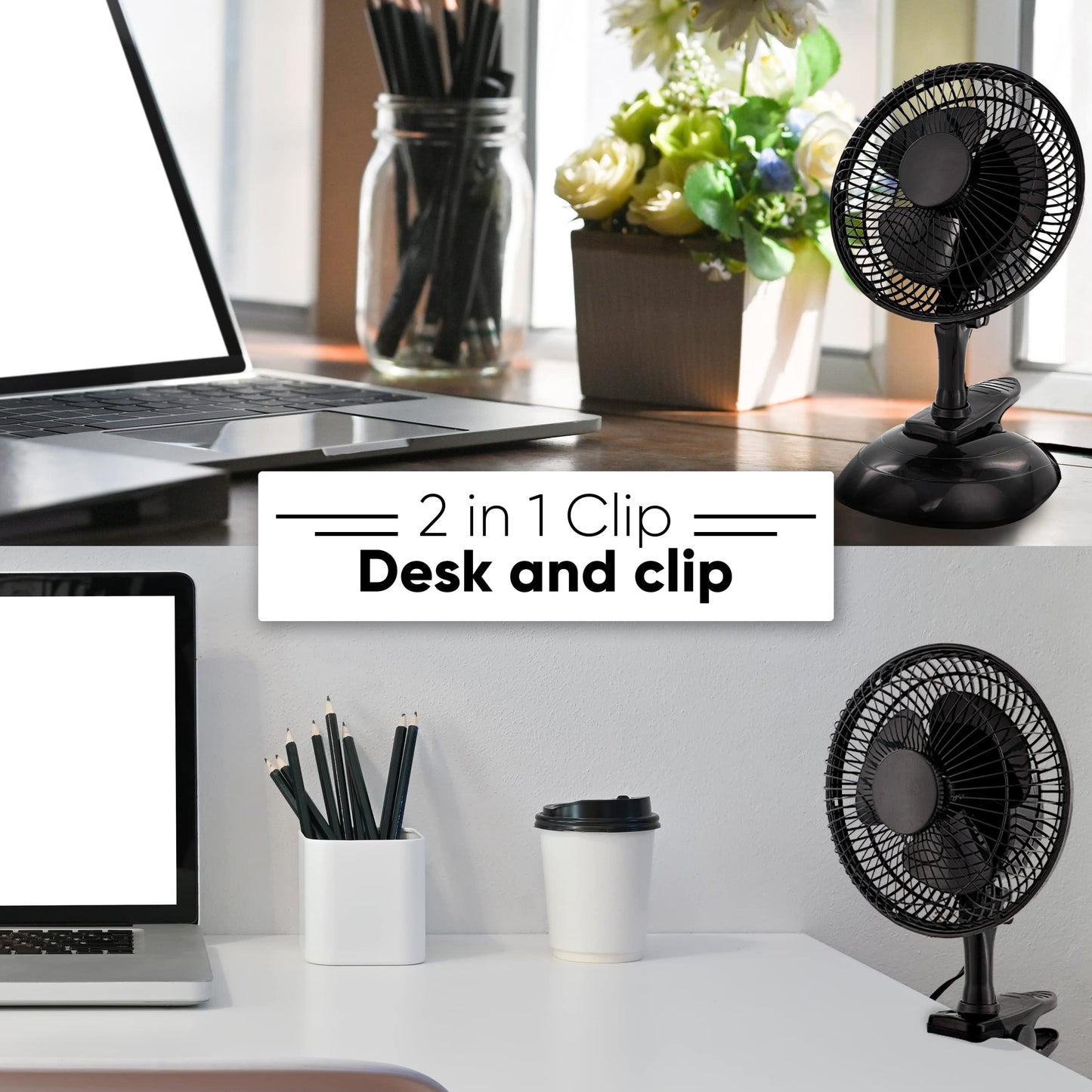 RamPro Portable Desk and Clip on Fan, 6 Inch Fans Small and Quiet Plug In, Small Personal Cooling Fan for Desk Home Bedroom Office, 2 Speed
