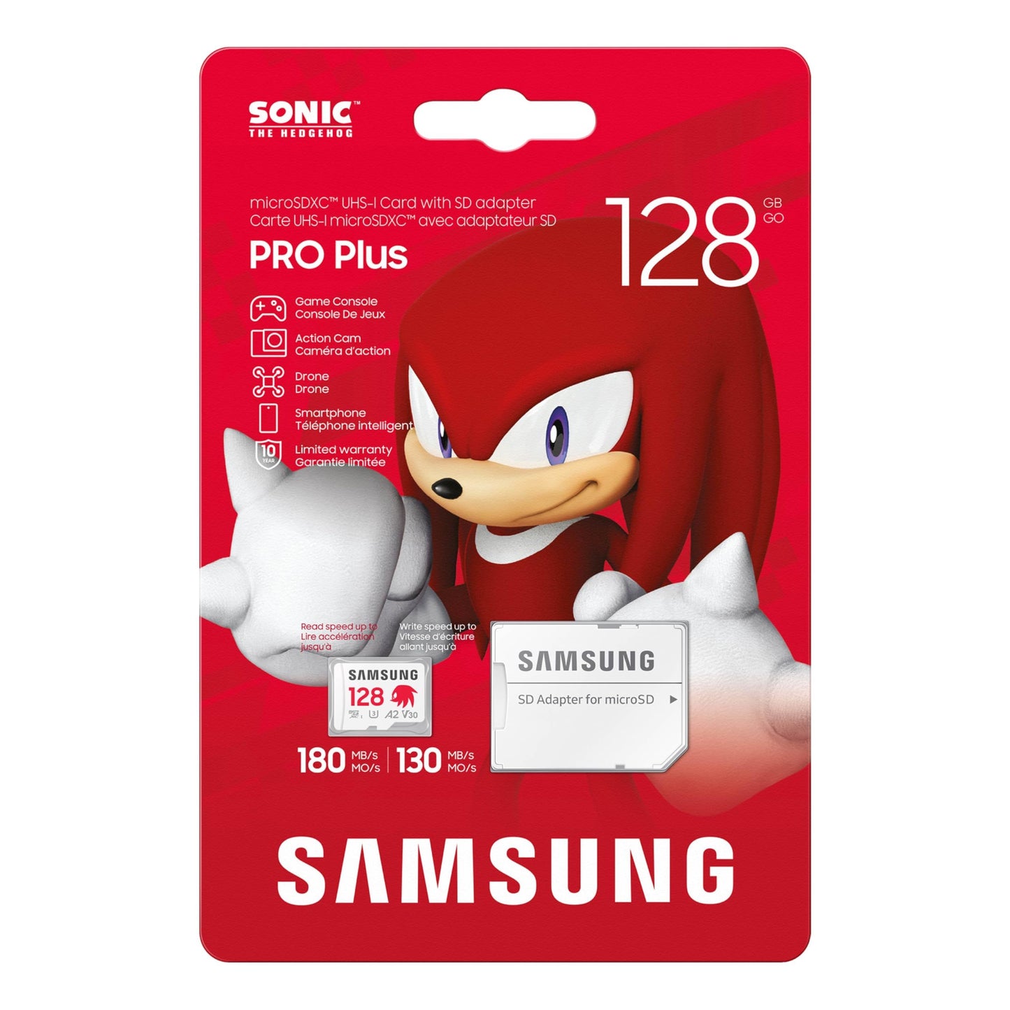 Samsung PRO Plus Sonic The Hedgehog + Adapter, 128GB microSDXC, Up-to 180MB/s, Full HD & 4K UHD, UHS-I, C10, U3, V30, A2, for Nintendo-Switch, Steam