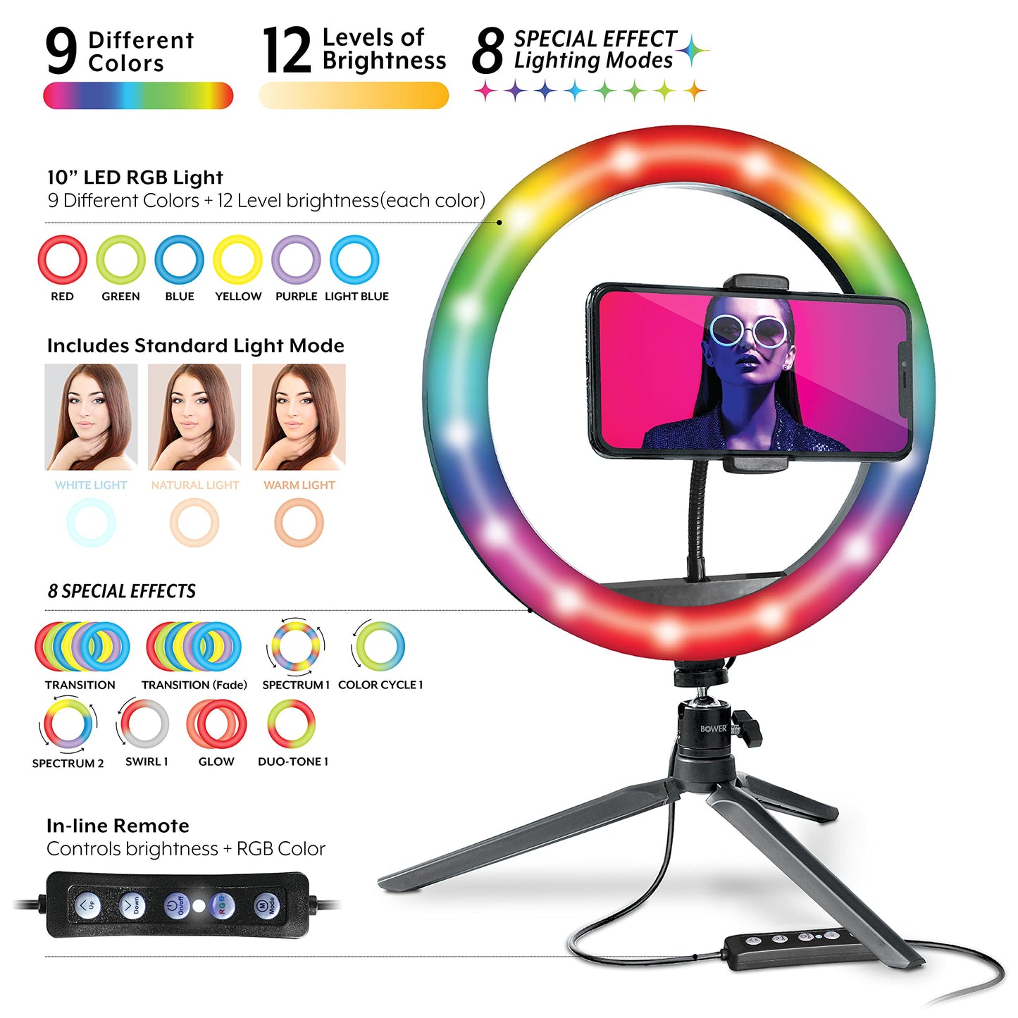 Bower 10 inch RGB Selfie Desktop Ring Light Stand Studio Kit - Ultra Wide Range, 9 Colors, 12 Brightness Levels, Special Effects, Tripod, Phone