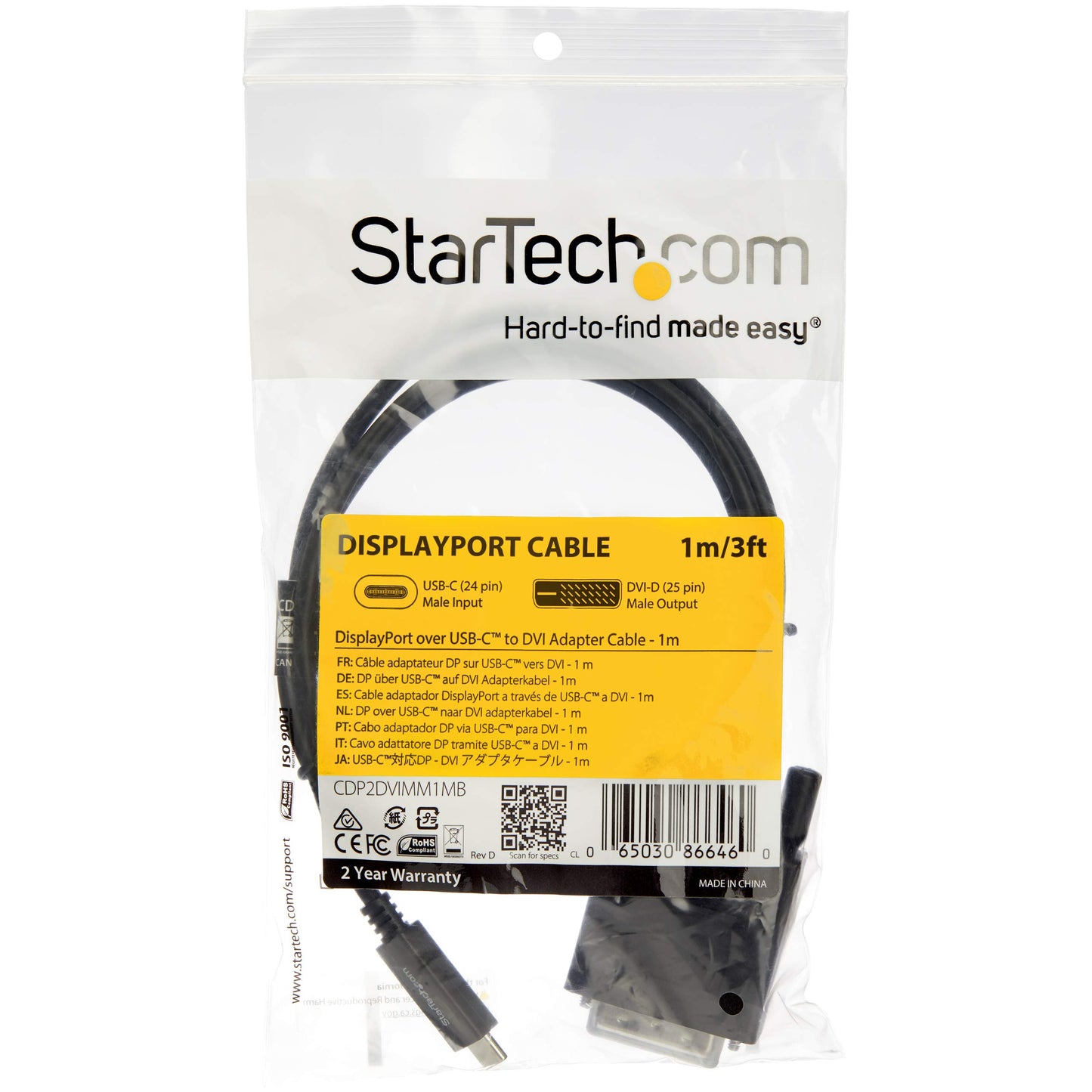StarTech.com 3.3 ft / 1 m USB-C to DVI Cable - USB Type-C Video Adapter Cable - 1920 x 1200 - Black (CDP2DVIMM1MB)