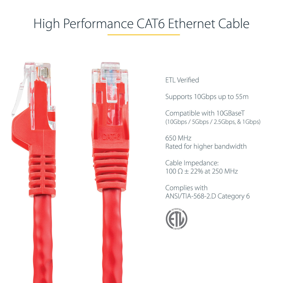 StarTech 50ft CAT6 Ethernet Cable - Red CAT 6 Gigabit Ethernet Wire -250Mhz 100W PoE RJ45 UTP Network Patch Cord Snagless with Strain Relief