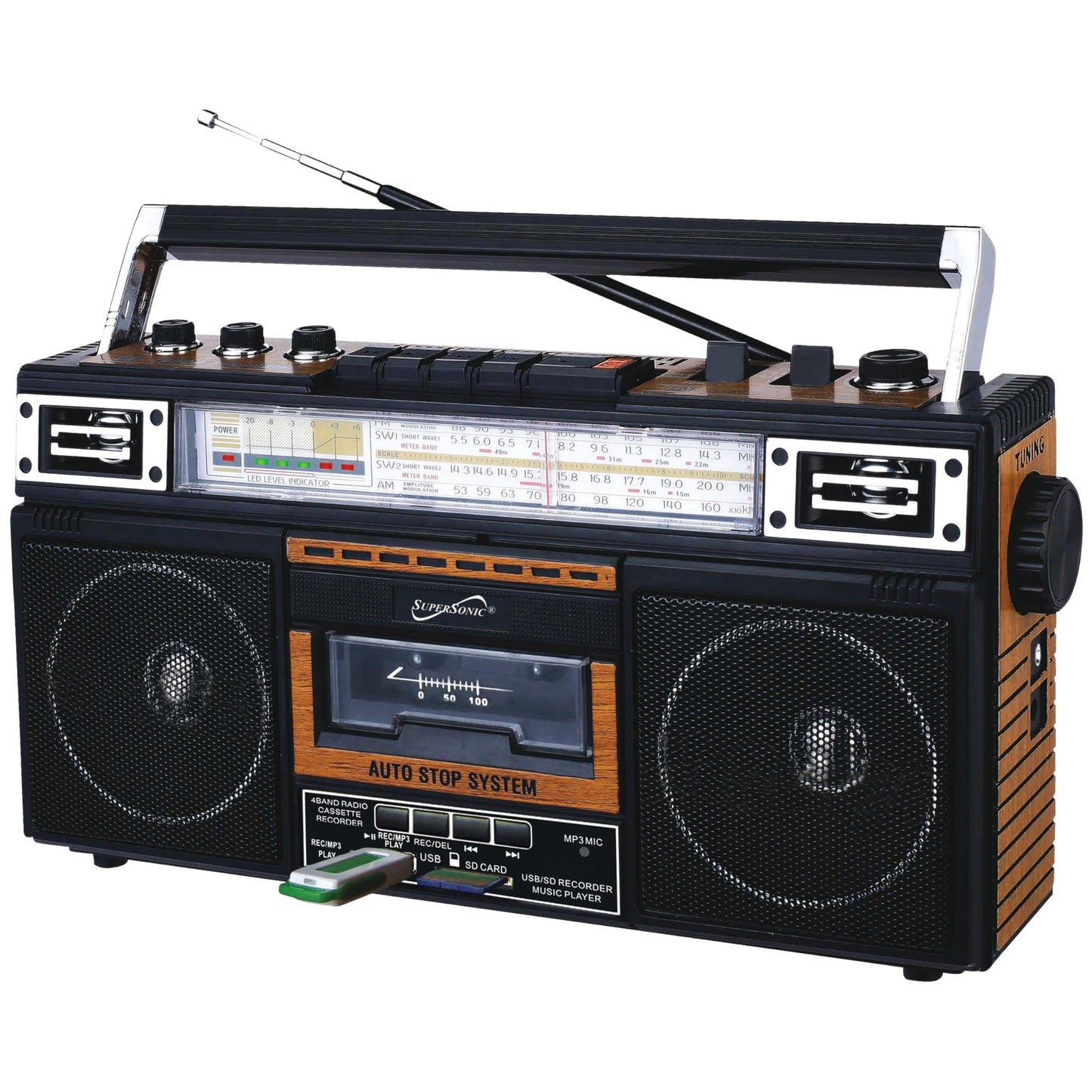 Supersonic SC-3201BT 4 Band Radio & Cassette Player Boombox, Bluetooth Speaker, AM/FM/SW Radio with MP3 Playback, USB & SD Card, 3 Band EQ