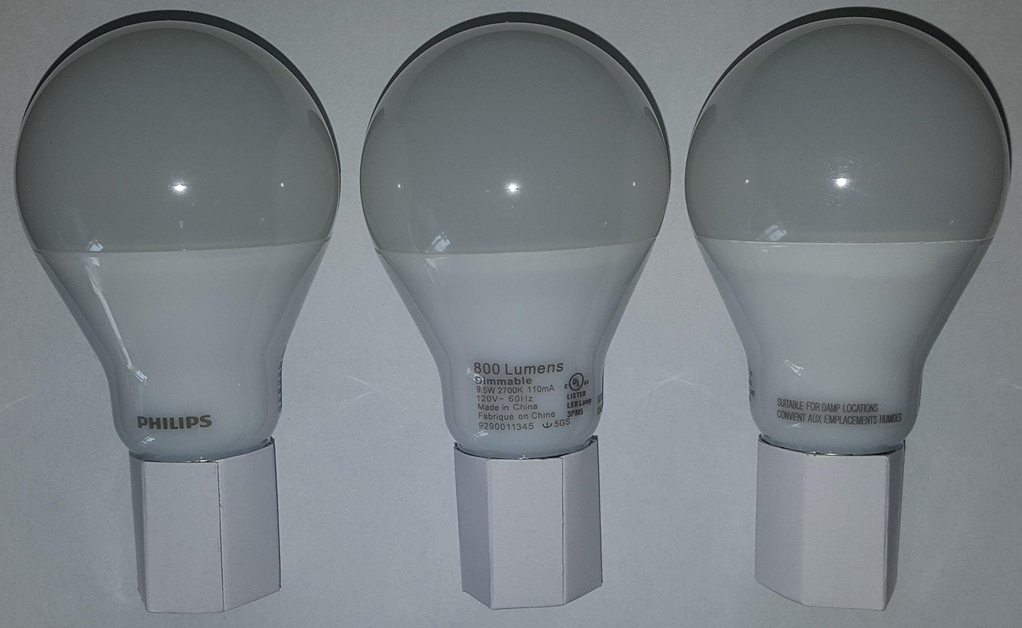 Philips 60 Watt Equivalent 9.5 Watts A19 LED Light Bulb, Dimmable, Warm Glow, Suitable for Damp Locations, 3-Pack