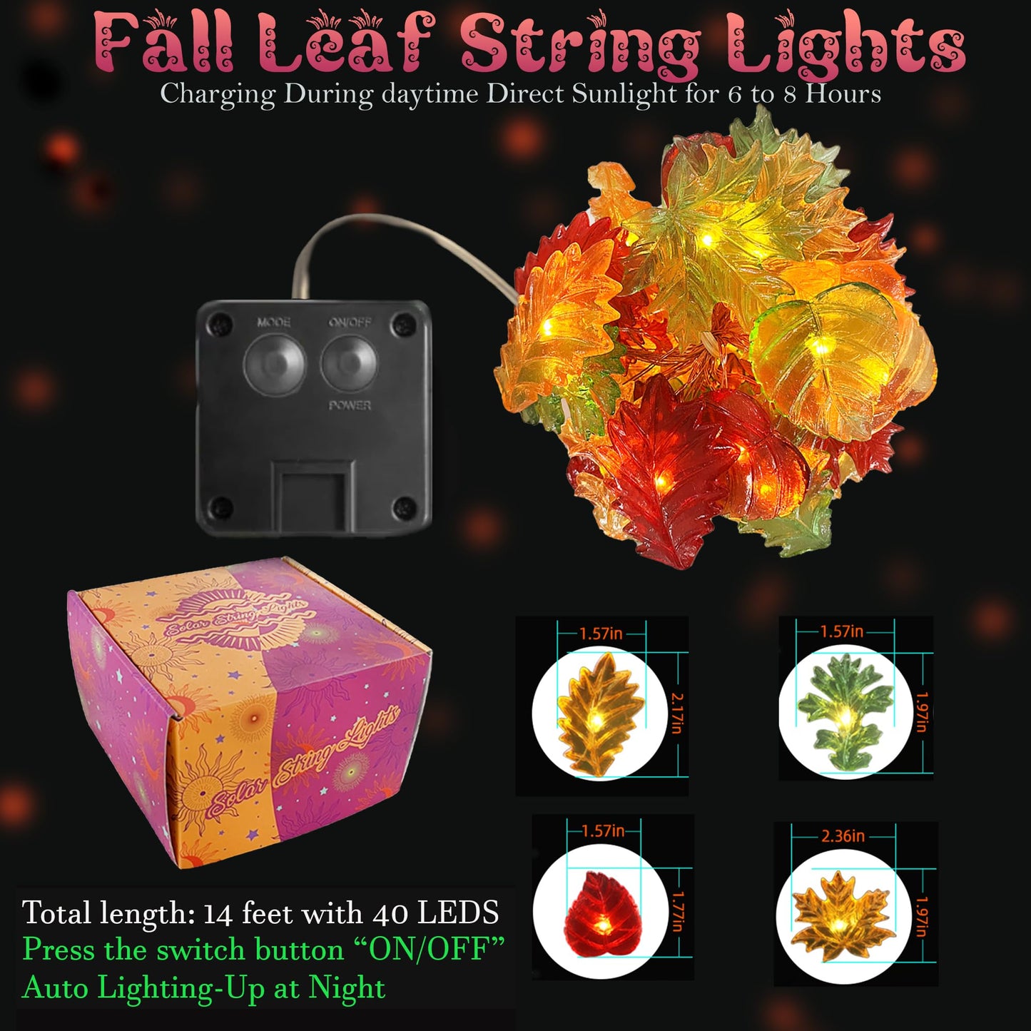 enlaceray Solar String Lights Fall Leaf String Lights Outdoor Garden Decor Light Waterproof Yard Thanksgiving Christmas Fairy Lights 40LED 14ft