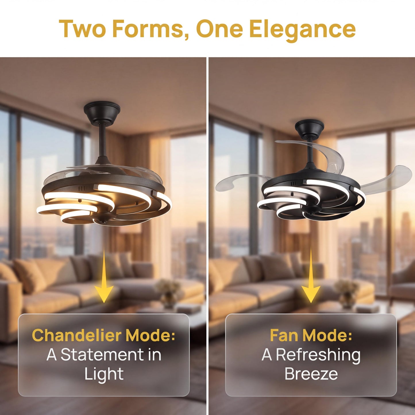 inrichifeir 42" Retractable Ceiling Fan with Lights Modern Fandelier Fan Light with Remote Bladeless Fan Ceiling Light for Bedroom Living Room 6 Speed