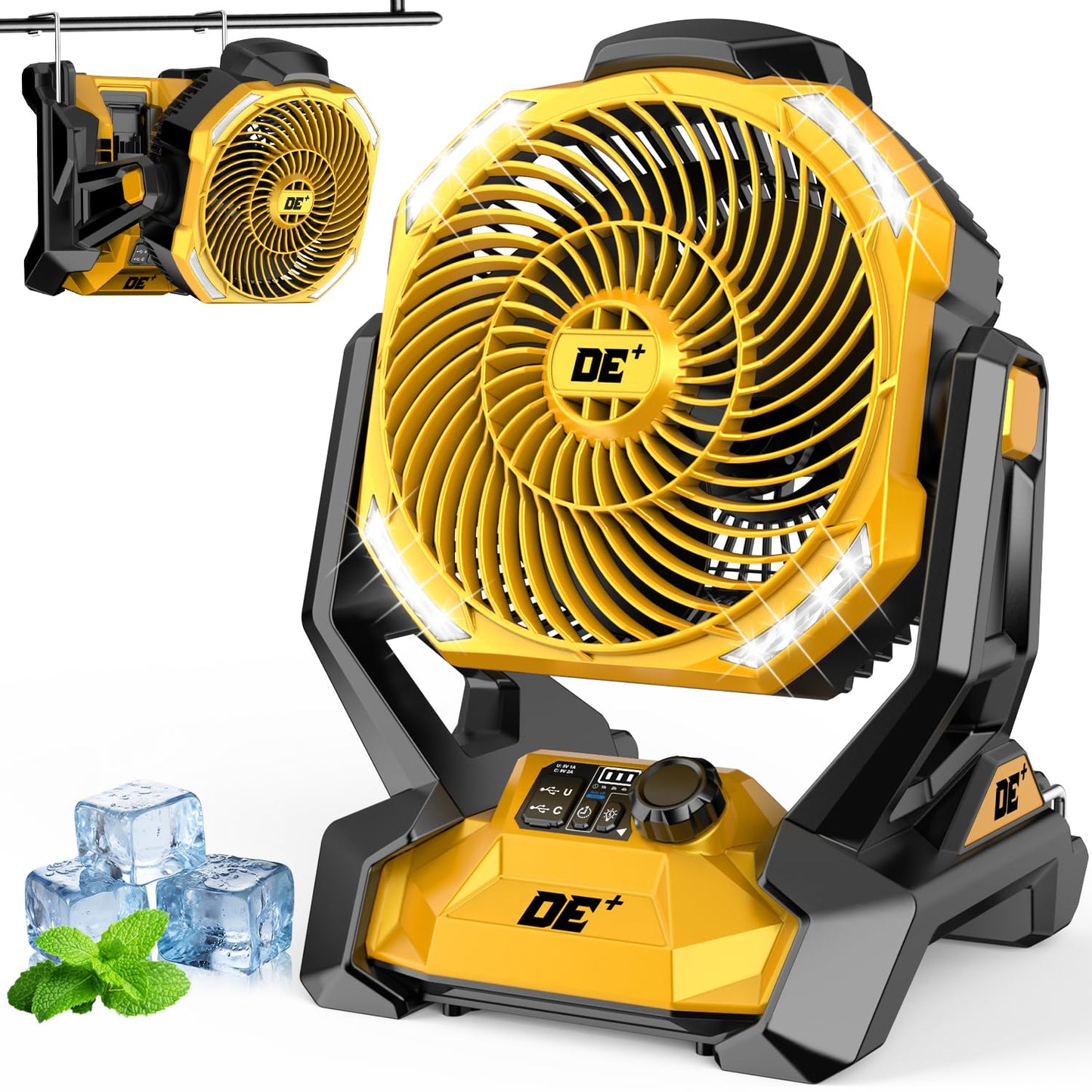 Battery Powered Fan for Dewalt 20V Battery, 586 CFM Variable Speed, Jobsite Fan w/180° Oscillation, 4H Timer & LED Light Table Fan, Hook for Hanging