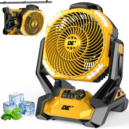 Battery Powered Fan for Dewalt 20V Battery, 586 CFM Variable Speed, Jobsite Fan w/180° Oscillation, 4H Timer & LED Light Table Fan, Hook for Hanging