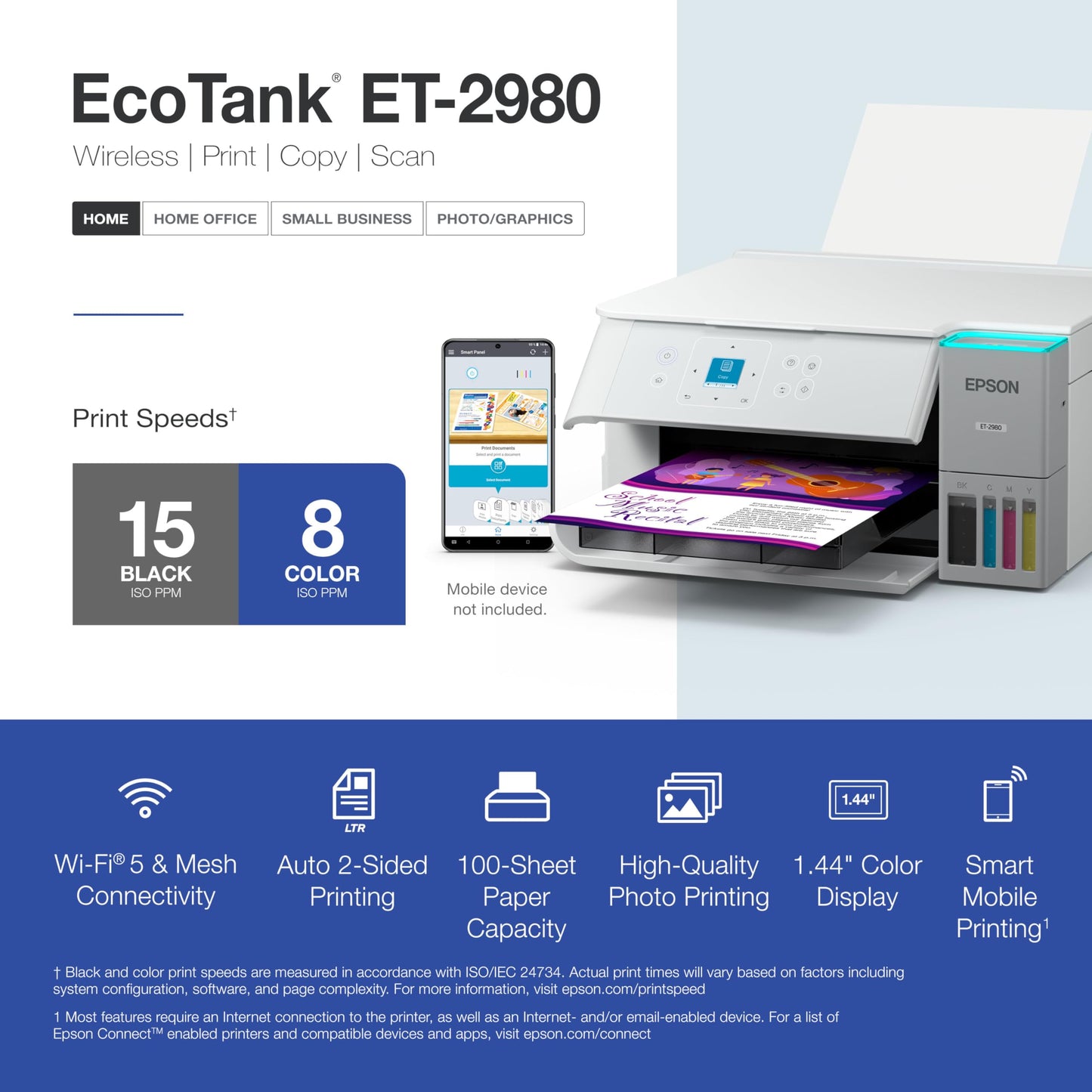 Epson EcoTank ET-2980 Wireless All-in-One Color Supertank Printer with up to 3 Years of Ink Refillable Tanks, Perfect for Home, 15 PPM, 1.44" Colorful