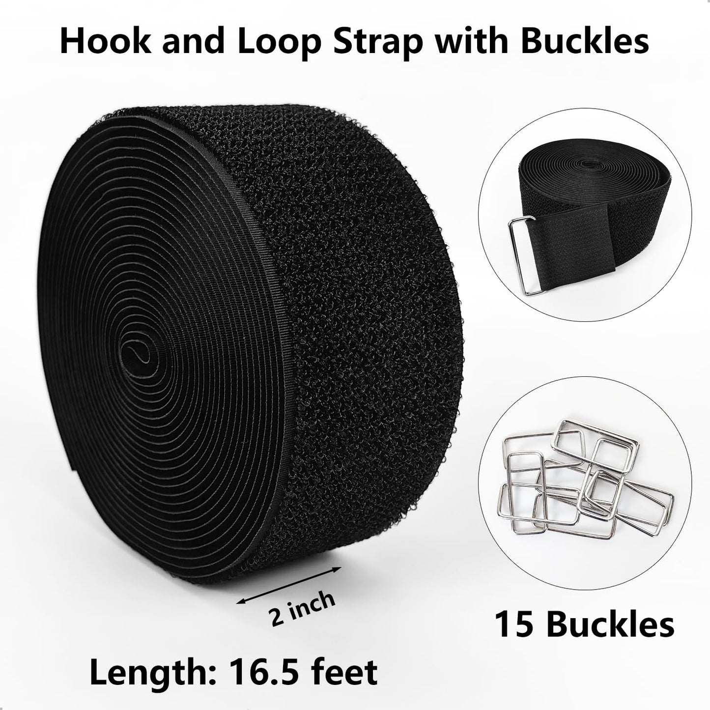 Hook and Loop Straps, 2'' x 16.5', Fastening Cinch Straps with 15 Metal Buckles, Cut to Length, Heavy Duty, Reusable Cable Straps, Cord Straps, 16.5