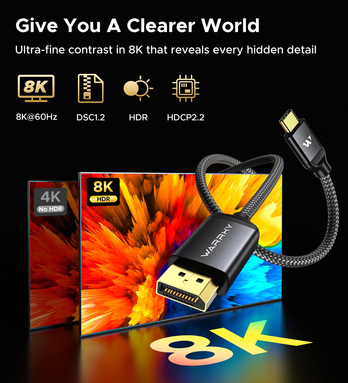 Warrky USB C to DisplayPort Cable 8K@60Hz 4K@240/144Hz [Gold-Plated Plug]