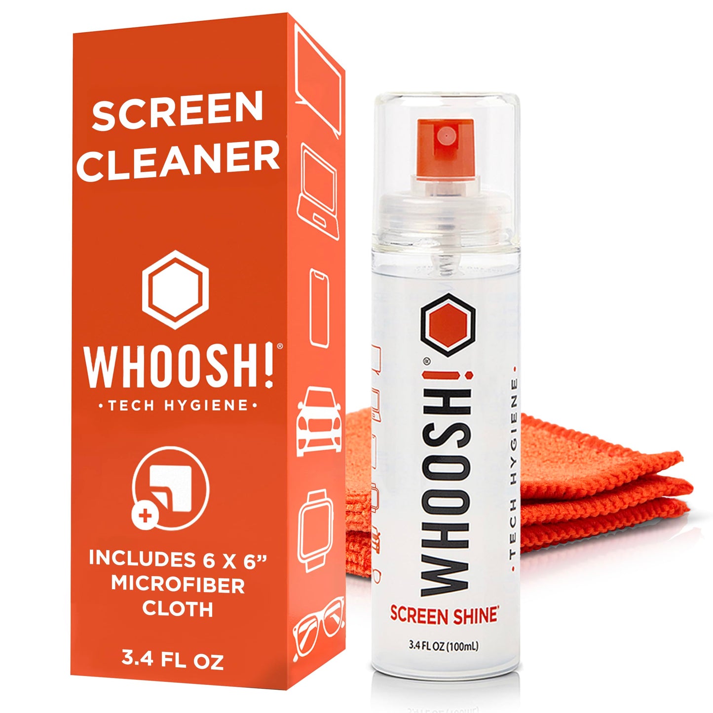 WHOOSH! Screen Shine Go XL - 3.4 fl oz with Microfiber Cloth - Powerful Streak-Free Screen Cleaner Spray and Wipe for MacBook, Laptop, Car, Eyeglasses