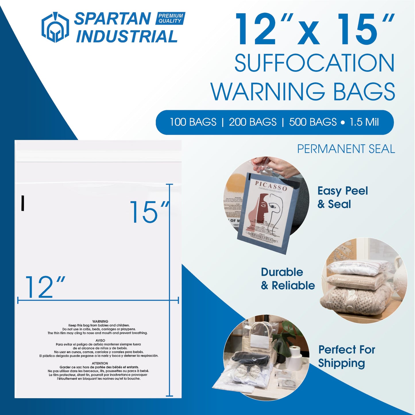12" X 15" (500 Count) Self Seal Clear Poly Bags with Suffocation Warning
