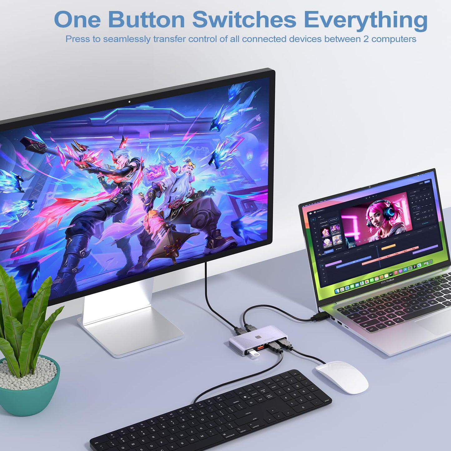 USB 3.0 Switch, 2 Computers Sharing 4 USB Devices, One-Button Switcher for Keyboard Mouse Printer Scanner, USB Peripheral Sharing Hub for PC Laptop