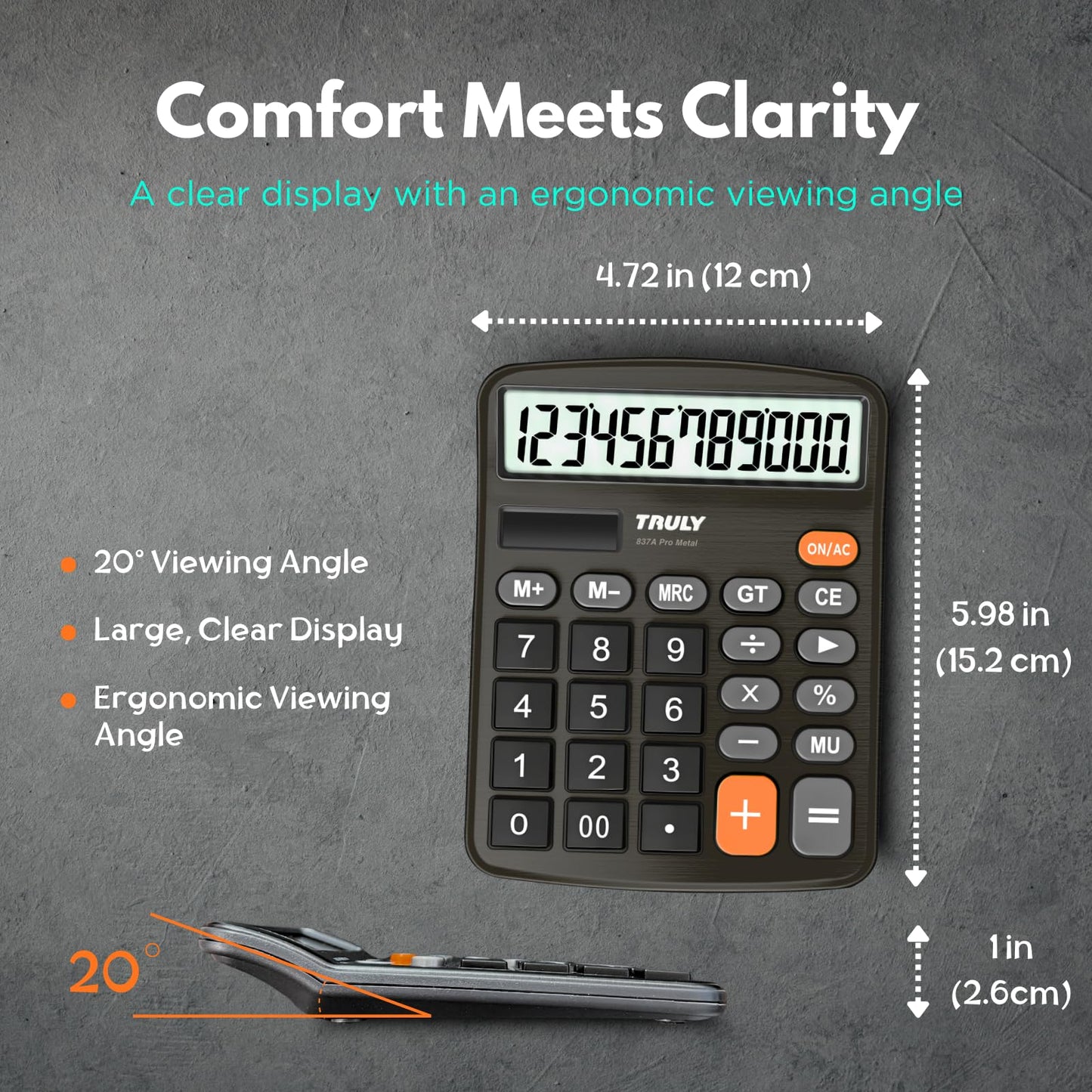 TRULY 12-Digit Desktop Calculator with Large Display, Big Buttons, Dual Power (Solar + Battery), Metal Finish, Ideal for Office, Home, School - 837A