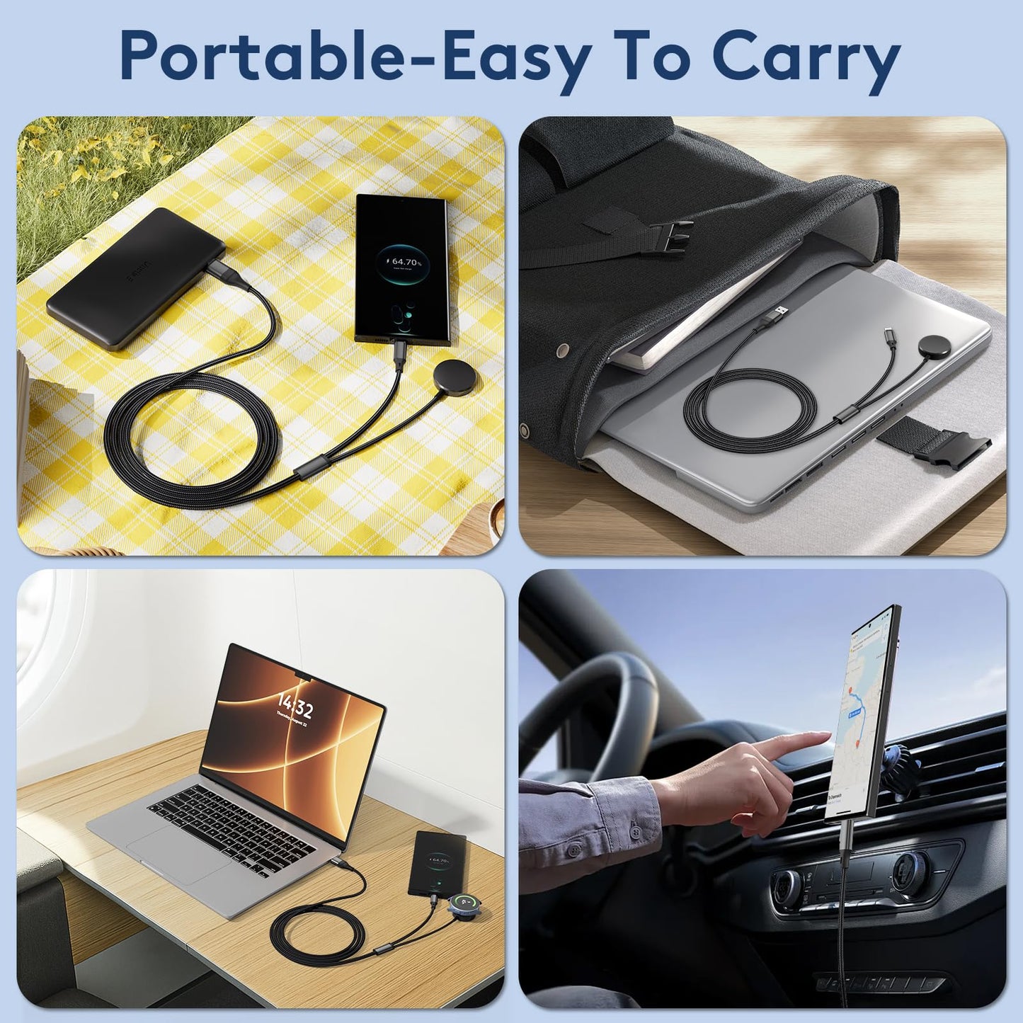 cugunu USB A/C to Galaxy Watch/USB C Multiple Portable Travel Charger Cable, 2-in-2 Car Magnetic Wireless Charging Cord Compatible with Samsung Watch