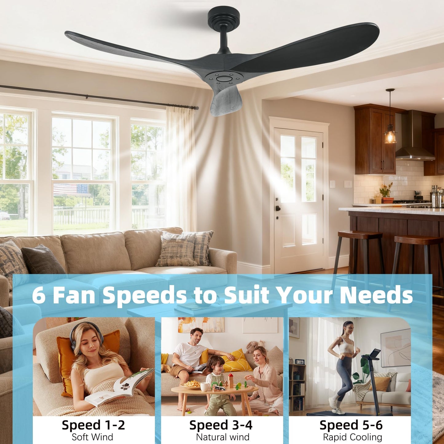 Homlit Smart Ceiling Fan no Light, 52 Inch Outdoor Ceiling Fan Without Light, Compatible with Alexa/Google/App, 3 Solid Wood Blades, Modern Wood Fan