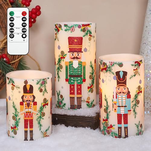 Crystal Club Christmas Flameless Candles Battery Operated, Holiday Nutcracker LED Candles with Remote, Realistic Pillar Candles for Xmas Tree, Mantel