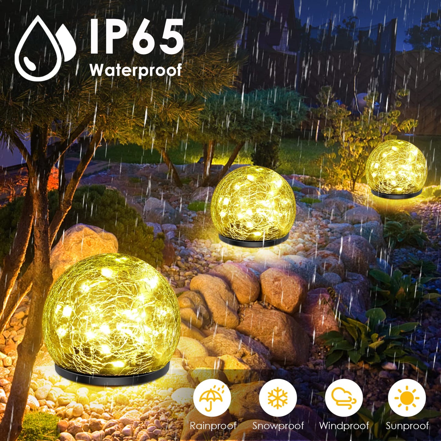 Keevvon 2 Pack 60 LED Solar Garden Lights Outdoor Decoration, Cracked Glass Solar Globe Lights, Upgraded Waterproof Warm White Ball Lights for Yard