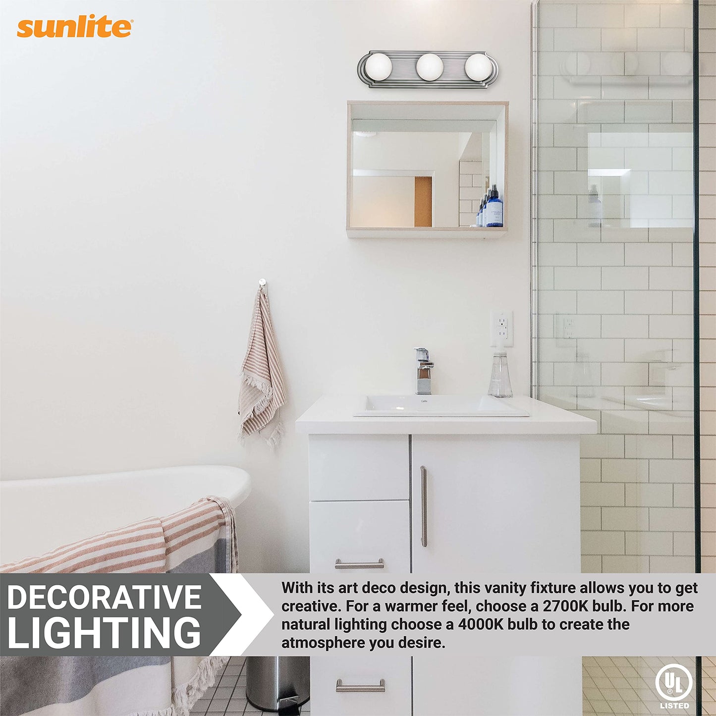 Sunlite 45000 Art Deco Style Brushed Nickel Vanity Light Fixture, 18-Inch, 3 Medium Base Sockets (Bulbs Not Included), Dimmable, UL Listed, Bathroom