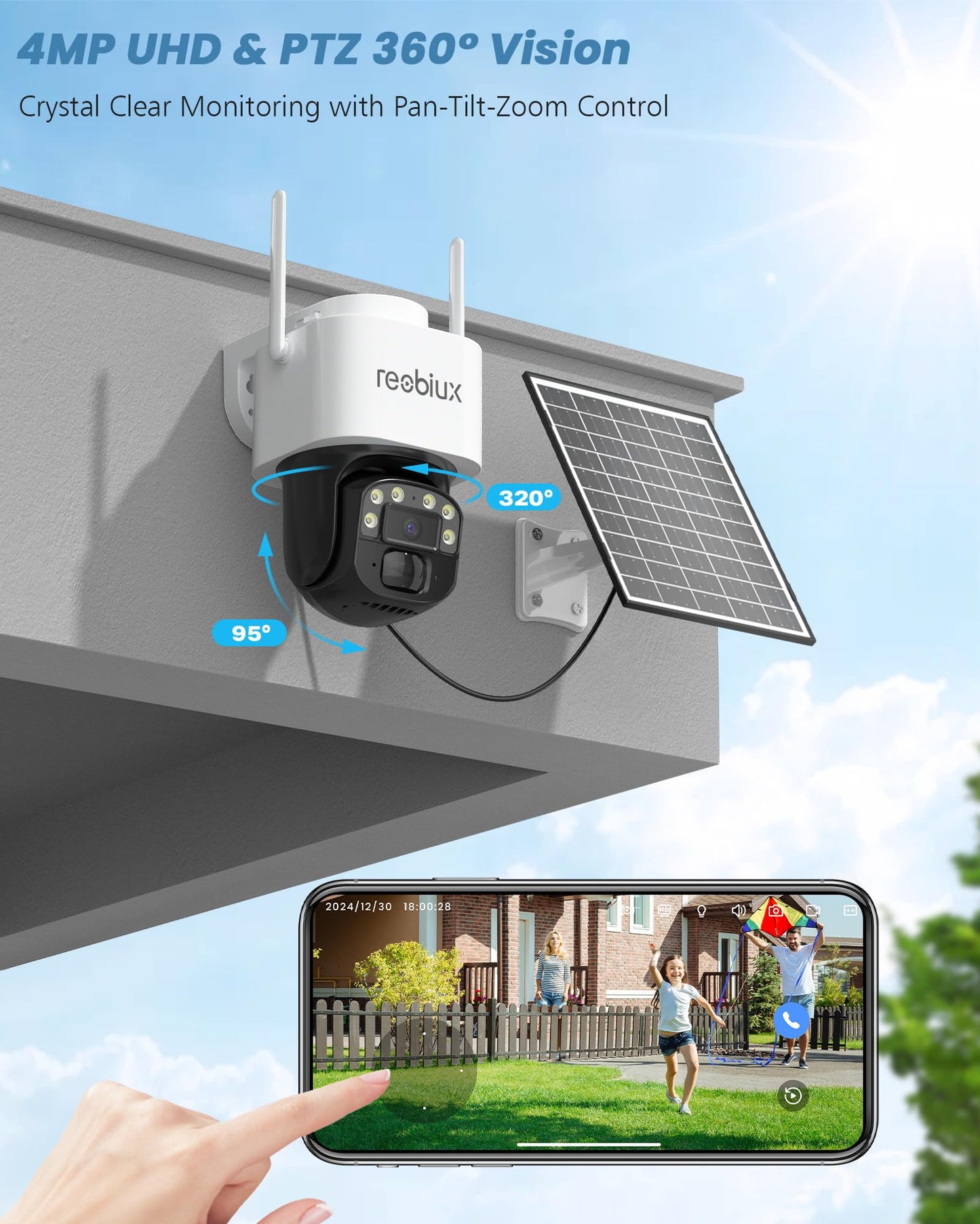 Reobiux 4G LTE Cellular Solar Security Cameras Wireless Outdoor, No WiFi Security Camera, 360° Live View, 2K Color Night Vision, PIR Detection, 2-Way