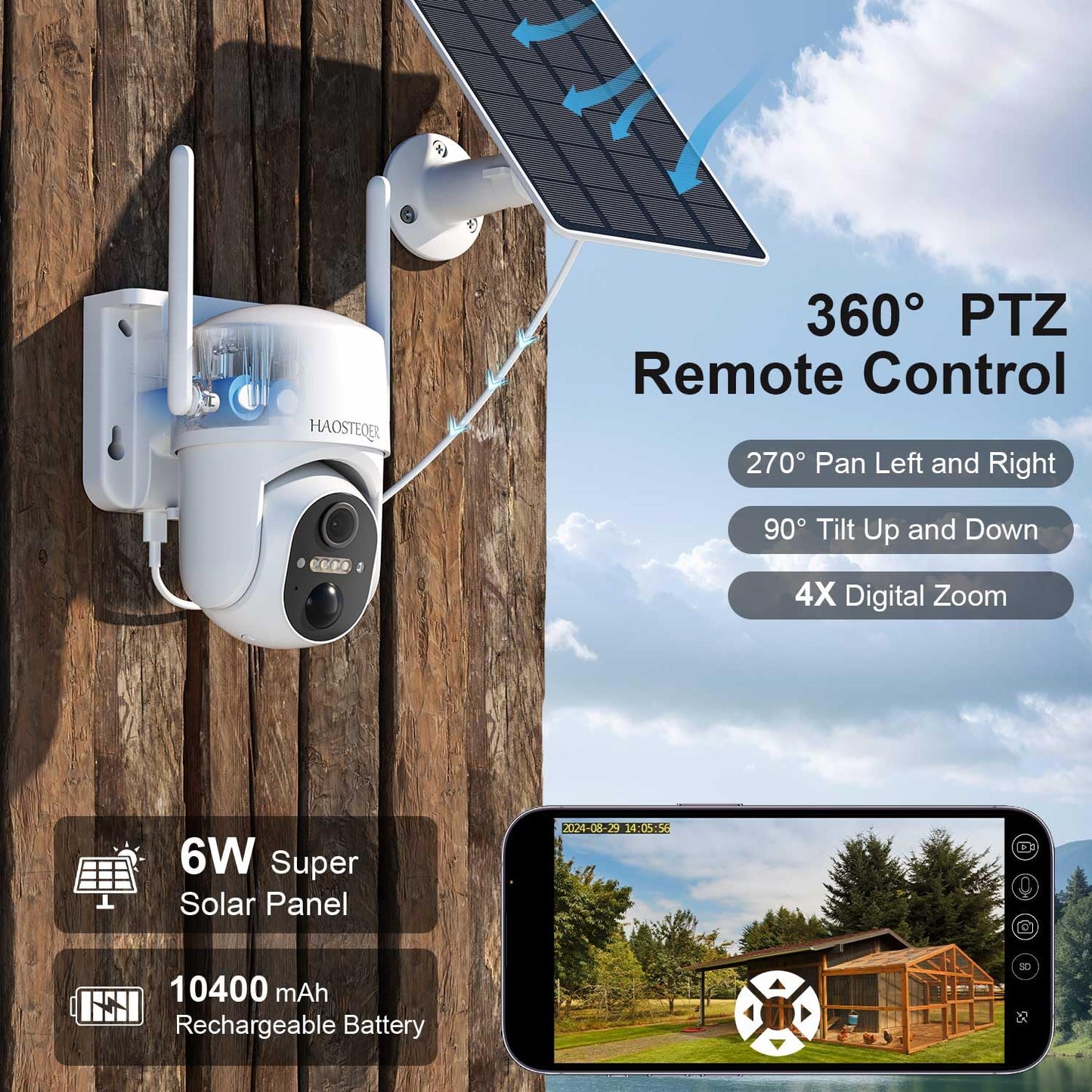 4G LTE Cellular Security Cameras Wireless Outdoor, No WiFi Security Camera, Solar Outdoor Camera Wireless with SIM Card, 360° PTZ, 2K Color Night