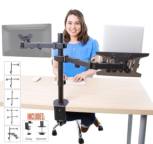 Stand Steady Monitor Mount + Laptop Stand | Height Adjustable Monitor and Keyboard Stand with Full Articulation and Desk Clamp Or Grommet | VESA Mount
