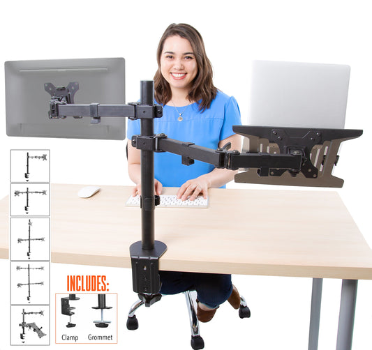 Stand Steady Monitor Mount + Laptop Stand | Height Adjustable Monitor and Keyboard Stand with Full Articulation and Desk Clamp Or Grommet | VESA Mount