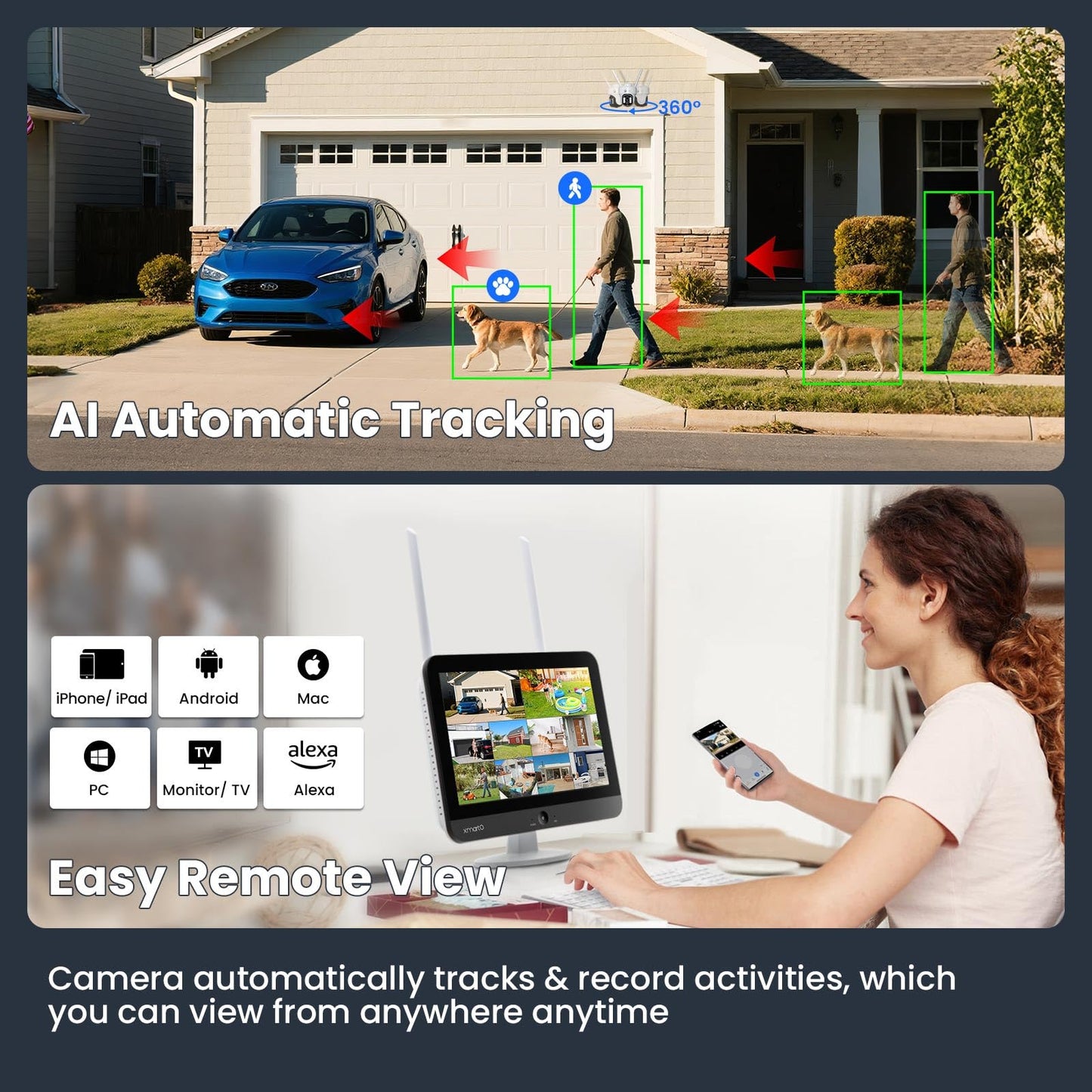 [WiFi 6 & 10X Zoom] XMARTO Wireless PTZ Security Camera System Outdoor with 10X Zoom and AI Auto Tracking, 2K HD Dual-Lens Cameras, 12" LCD Monitor
