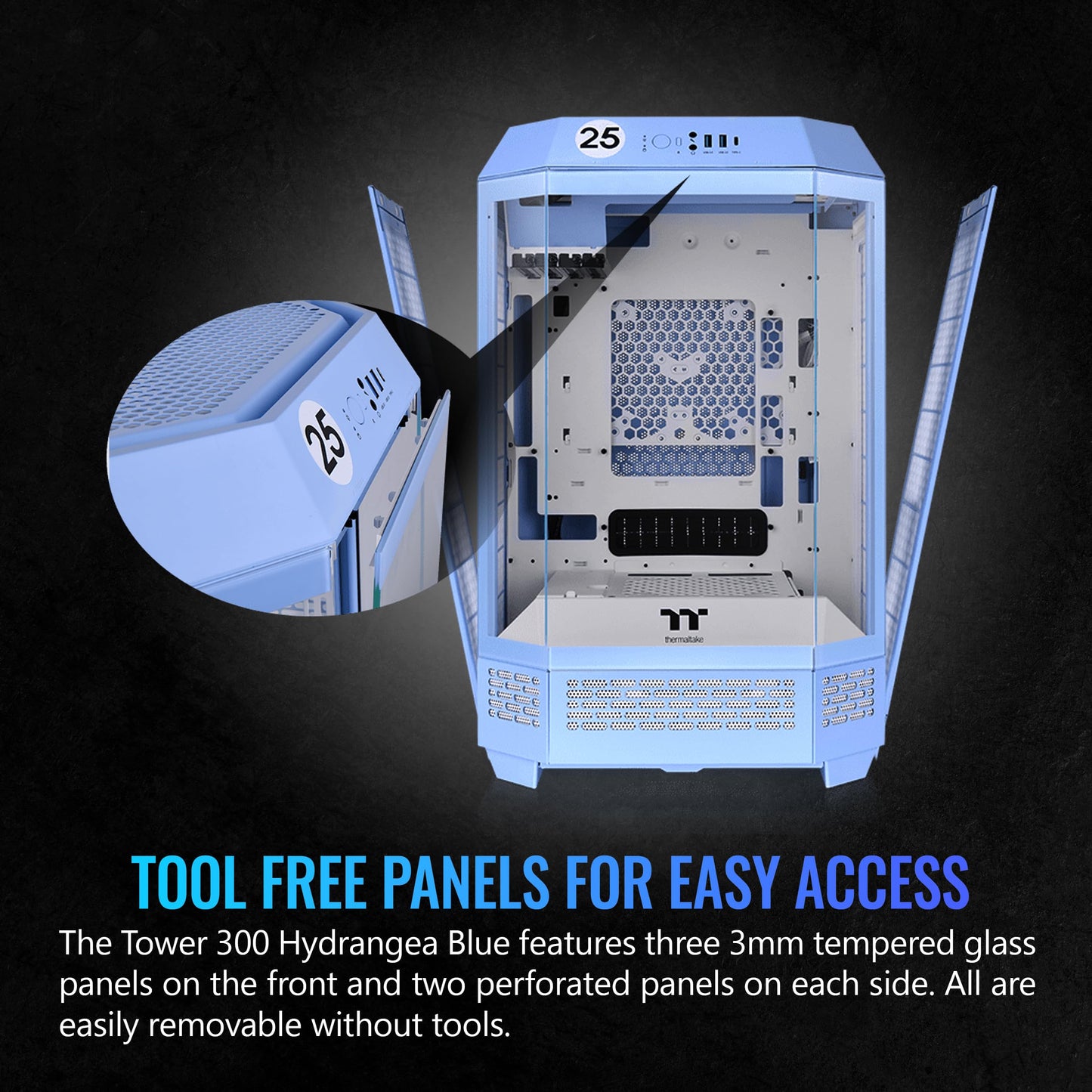 Thermaltake Tower 300 Hydrangea Blue Micro-ATX Case; 2x140mm CT Fan Included; Support Up to 420mm Radiator; Optional Chassis Stand Kit Allows