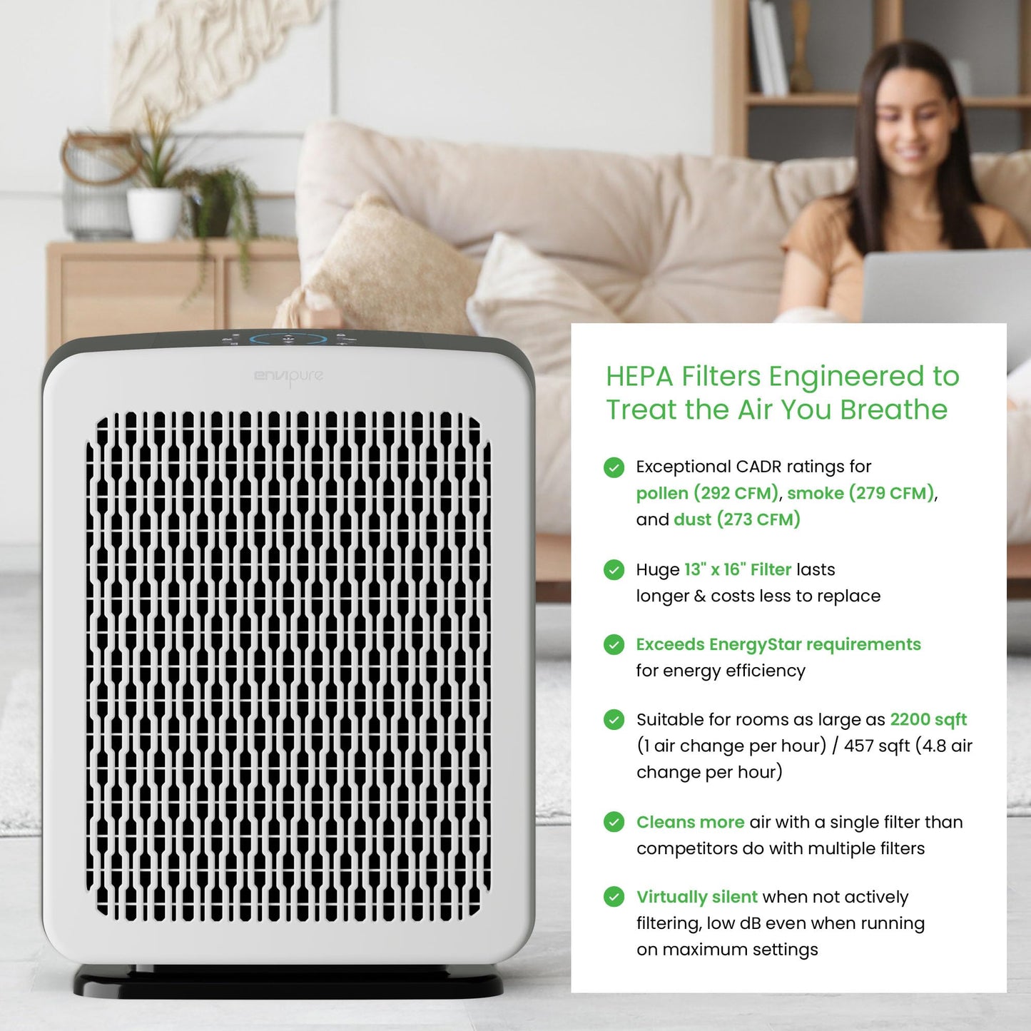 EP-300 EnviPure HEPA Air Purifier - Large Room Air Purifier Covers Up to 2200 Sq Ft, Removes Pollen, Dust, Smoke, Pet Hair, Odors & More - Real Time