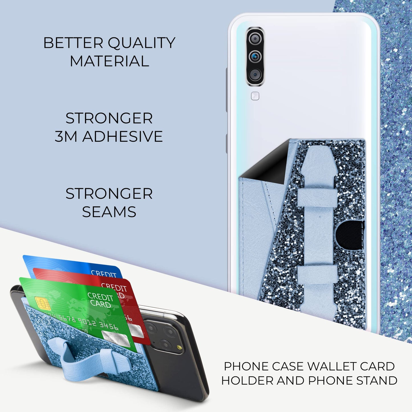 SKYLAR Stick On Phone Wallet with Finger Strap Stand, Slim 2-Pocket Credit Card Holder for iPhone & Android, 3M Adhesive Phone Card Holder, Faux