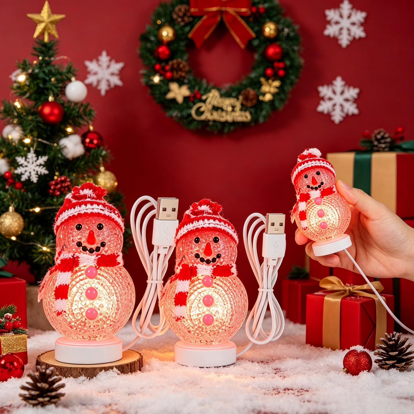 VOSCHOIX 2pcs LED Christmas Table Lights, USB Powered Light Up Snowman for Desk, 7 Colors Mini Christmas Tree Snowman Light for Xmas Party Table
