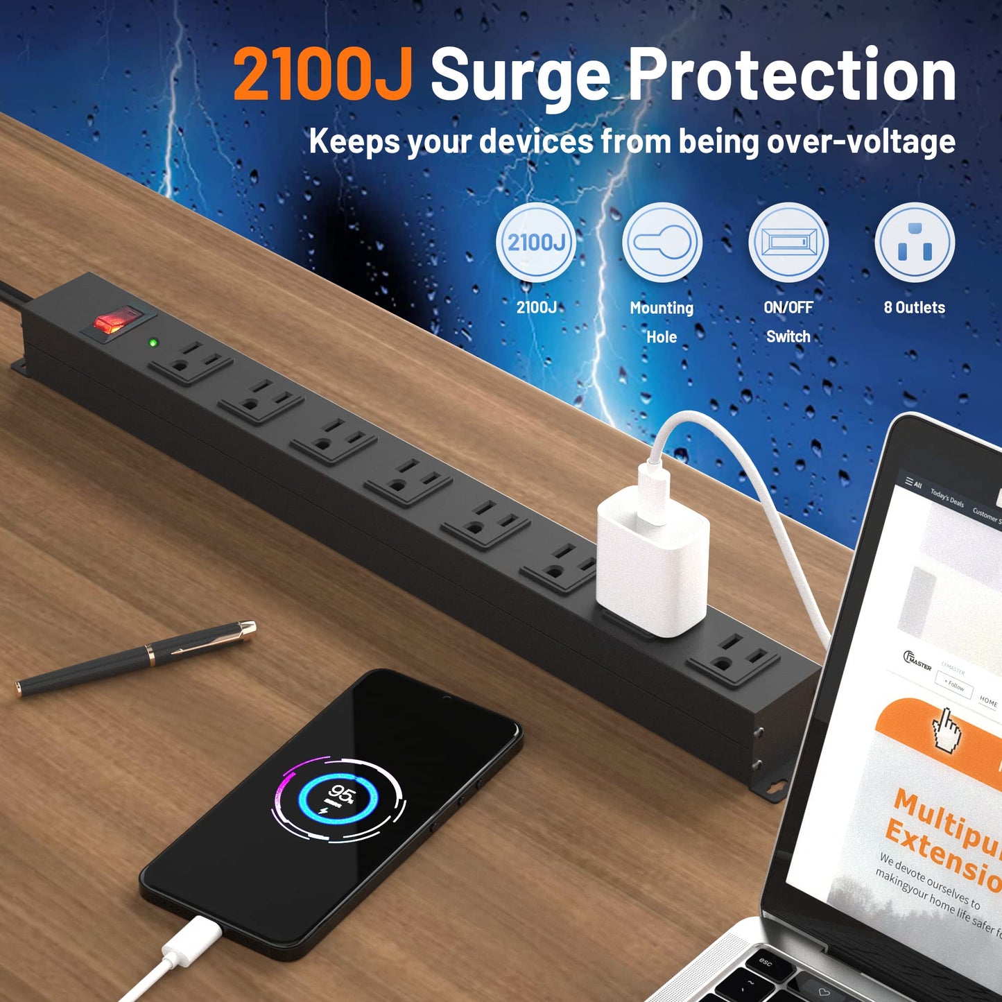 8 Outlet Power Strip Surge Protector, 6 Feet Metal Power Strip Heavy Duty with Switch for Home Office School Shop Garage, Wall Mount with Screw, 2100J